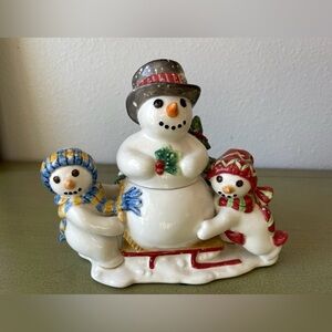 FITZ & FLOYD Christmas The Flurries Filled Candlecup Snowman Lid Frosty Figurine